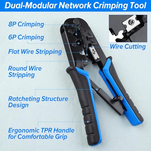 SPEEDWOX 6 in 1 Modular Crimping Tool Electriduct Dual-Modular Network Crimping Tool Cable Crimper Wire Stripper Wire Cutter for Phone Cable RJ11-6P6C 6P4C 6P2C Network Cable RJ45-8P8C - Image 2