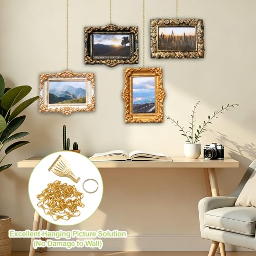 Image of Picture Hanging Kit - 5Pcs Frame Rail Hooks with 5Pcs Chains, Art Display Hanging System in Two Sizes for Wall Picture, Exhibition(Gold Detachable Chain, 30CM & 60CM)
