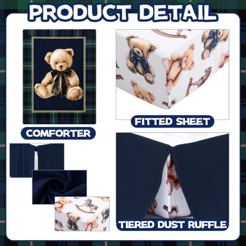 Image of Hahafelt 3 Pcs Tartan Plaids Bear Baby Crib Bedding Set Teddy Bear Plaid Theme Decor for Infant Bed Includes Quilt, Fitted Sheet, Skirt for Baby Boy Gifts