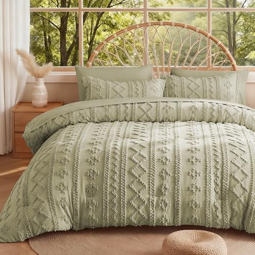 Image of MR&HM Boho Comforter Set King, Sage Green 7 Pieces Bedding Set, Farmhouse Shabby Chic Bed in a Bag with 1 Comforter, 2 Pillow Shams, 2 Pillowcases, 1 Flat Sheet, 1 Fitted Sheet for All Seasons