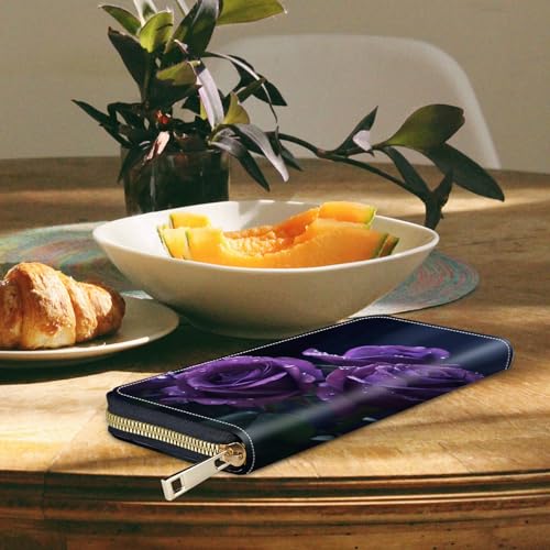 Image of Women's Wallets,Credit Card Holder Money Leather Long Wallet with Wristlet,Large Capacity with Zip-Around Phone Purse for Women Ladies Girls,Three Purple Roses