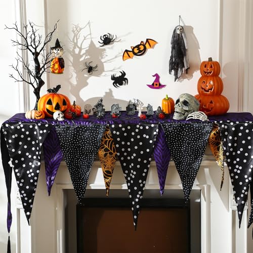 VitalCozy Ghirlanda decorativa per camino, sciarpa, striscione, decorazione per camino, viola, arancione, nero, per Halloween (ragnatela)