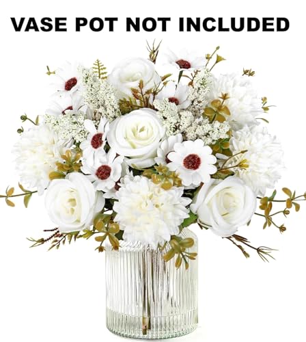 Image of Artificial Flower Bouquet for Home Decoration - 2 Pcs Faux Rose & Daisy Bouquet (Without Pot) Artificial Flowers for Living Room, Bedroom, Office, Vase Decoration (White)
