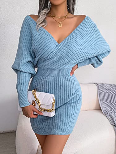 Image of Womens Batwing Long Sleeve Wrap V Neck Bodycon Sweater Dress Winter Cocktail Wedding Guest Dresses