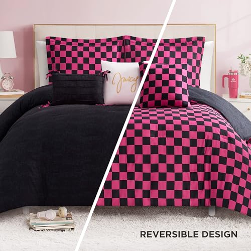 Image of Juicy Couture Reversible Checkerboard Comforter Set 6-Piece Full /Queen Set, Black /Hot Pink