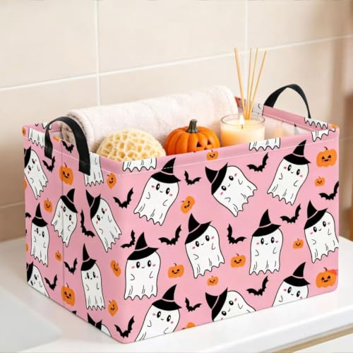 Image of NTAO Gift Storage Basket Empty for Halloween, Storage Bin with Handles, Room Decor, Book Box(Pink Ghost Bat)