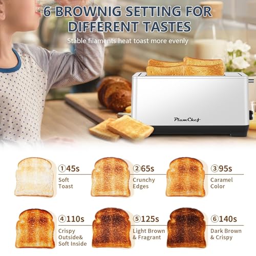 Image of Plum chef 4-Slice KitchenToaster, Extra Wide Long Slot Toaster, 6 Browning Settings, Bagel /Defrost /Reheat Functions, Removable Crumb Tray, Stainless Steel Housing 1350W (Silver)