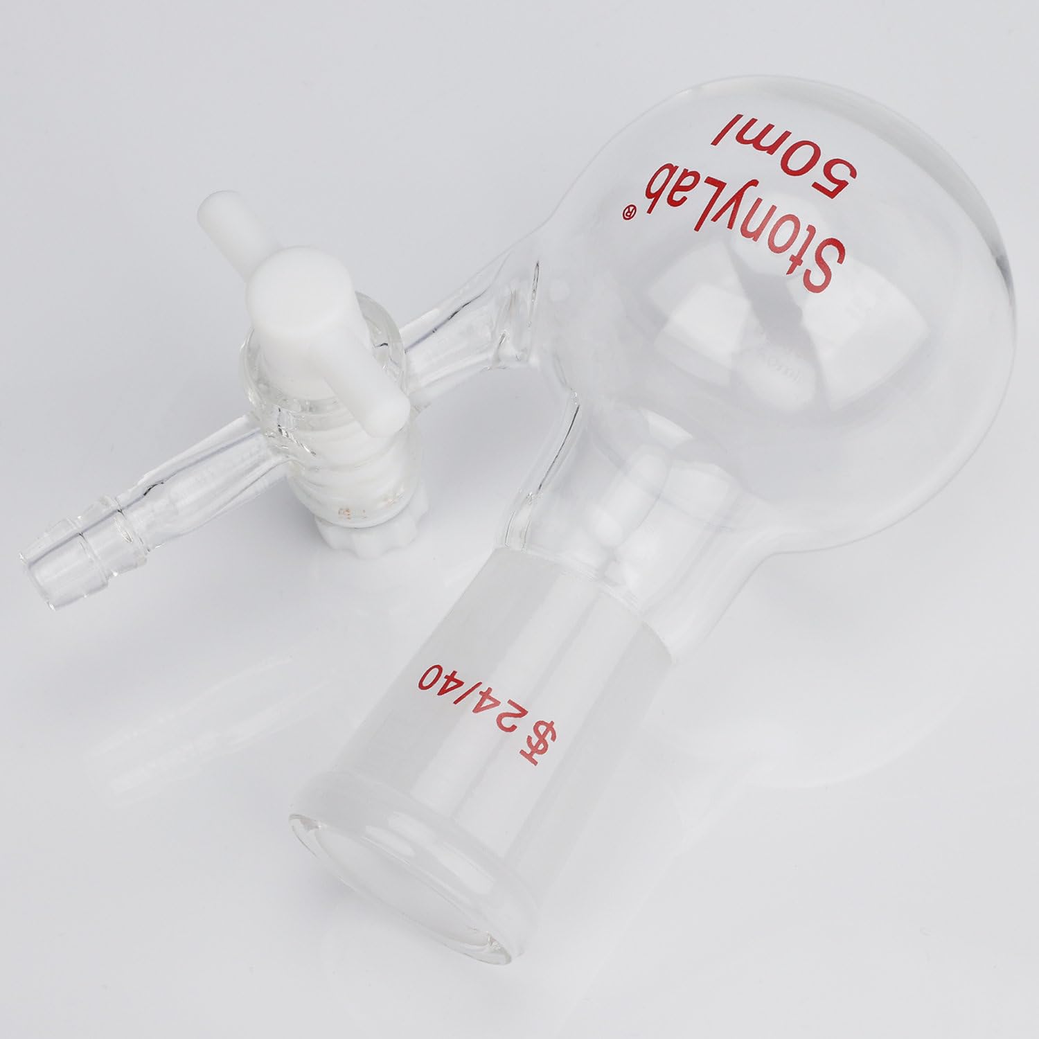 stonylab Flacon de Réaction - Flacon de Réaction en Verre Borosilicaté à col Unique avec Joint 24/40 et Valve à Robinet en PTFE Flacon à Fond Rond, capacité de 50 ml