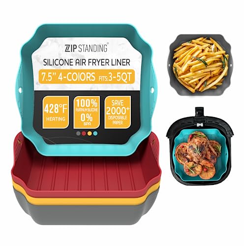 Reusable Silicone Air Fryer Liners Set, 7.5' Square Liners for 4-7QT Air Fryer Tray Baking Oven...