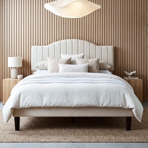 VECELO Lit Double Rembourré 140x190 cm, Tissu en Velours avec Tête de Lit Réglable, Support à Lattes en Bois Solide, Moderne, sans Bruit, Beige