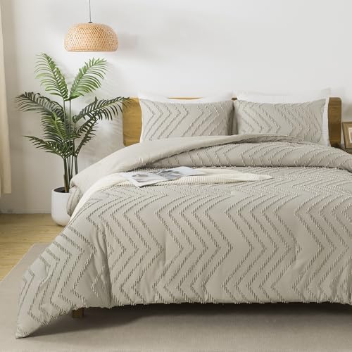 Image of Andency Oatmeal Oversized King Comforter Set, Boho Soft Warm Tufted Neutral Bedding Comforter Sets, 3 Pieces Aesthetic Chevron Farmhouse Cute Bohemian Textured Bedding Set