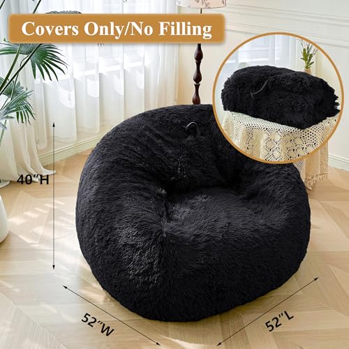 XeGe 5FT Giant Fluffy Bean Bag Chair Cover(No Filler), Ultra Soft Faux Fur Stuffed Animal Storage Bean Bag, Plush Shaggy XL Large Beanbag for Living Room Bedroom Home Decor, Black