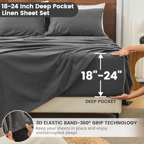 Image of Bedlifes 100% French Linen Queen Bedding Set - 18-24 inch Extra Deep, 4-Piece | Soft & Durable, Breathable & Cooling, Flax Linen Sheet, OEKO-TEX Certified, Moisture Wicking, Easy Care, Machine Washable