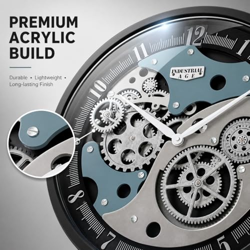 Image of ARMONIA Mechanical Moving Gear Wall Clock for Living Room | 46 cm Acrylic Industrial Steampunk Analog Wall Clock | Real Moving Gears, Dual Tone Design | Modern Home & Office Decor | Silver Black