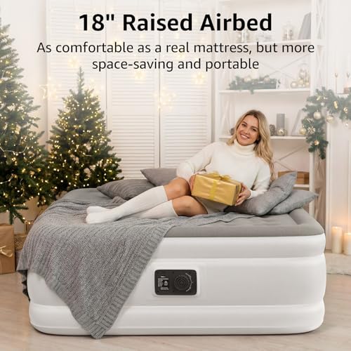 Image of YENING Full Size Air Mattress with Built in Pump Raised Double Blow up Bed Inflatable Camping Airbed Electric 18 Inch Tall Grey
