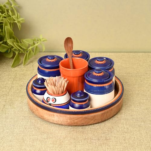 Image of AAKRITI ART CREATIONS Flavor Craft Delights with Tray | Set of 4 Ceramic Achar ki Barni & Mukhwas Box | Includes Glass, Toothpick Holder, Salt & Pepper Shakers & Spoons