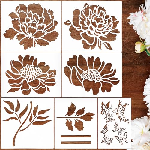 JSRQT 7 Pièces Pochoir Peinture Grands Fleurs,Pochoir pour Dessin Avec Modèles Rose,Modèles Réutilisables pour Clôture de Jardin Bois Meubles Mur Maison...