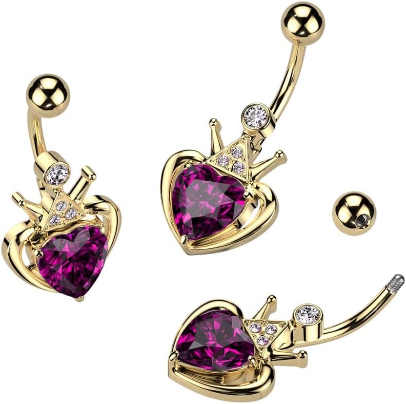 14GA Gold PVD 316L Stainless Steel Crown with Pink Gem Heart Belly Button Ring - Image 3