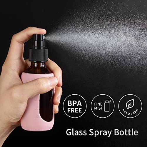HOMBYS Empty Amber Glass 2oz Small Spray Bottles with Silicone Sleeve Protection - Refillable Containers for Travel, Cleaning Solutions, Essential Oils, Sanitizers - Fine Mist Spray - 4 Pack-Amber2