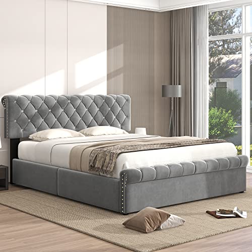 Moimhear Doppelbett 140 x 200cm, Polsterbett, Hydraulisches Funktionsbett, Samt, Continentalbett, Kristall Schnalle, Höhenverstellbares Kopfteil, Grau (140x200cm)