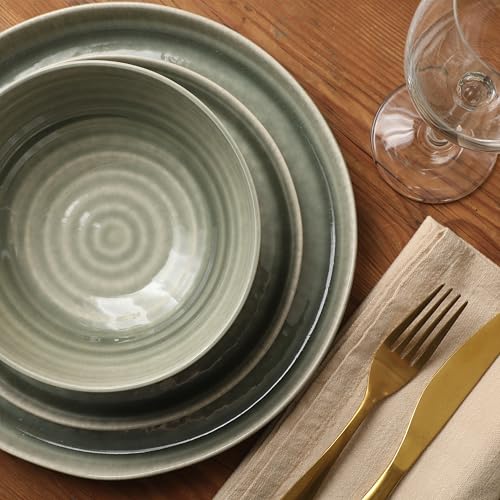 Image of Gibson Elite Eclipse Swirls Plates and Bowls Sets, 12-Piece Stoneware Dinnerware Sets, Reactive Glaze Dish Set - Green