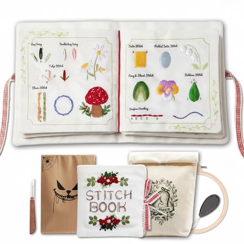 TenDawn Beginner Embroidery Stitch Book with Fabric Pages 32 Essential Stitches in Structured Learning Order for Adults DIY Sewing Kit with Floral Motifs Practice Patterns
