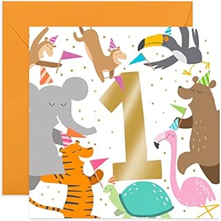 Old English Co. Party Animals 1st Birthday Card for Kids - Gold Foil Square Zoo Birthday Card for Boys and Girls | For Son or Daughter | Blank Inside & Envelope Included (1st)
