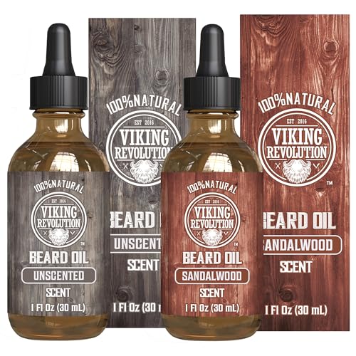 Image of Viking Revolution Beard Oil - Sandalwood & Unscented - 1 fl oz (2 Pack) | 100% Natural Ingredients - Formulated with Argan Oil & Jojoba Oil - Softens Rough Hair & Hydrates Skin - 2 Variety Scents