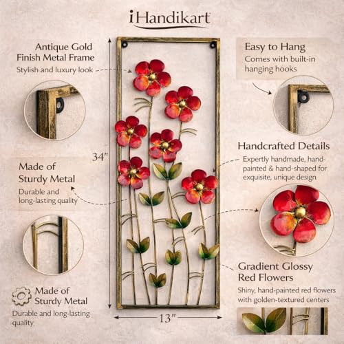 Image of iHandikart Verticle Metal Wall Art Red Flower Design 34 * 13 Inch | Large 3D Metal Wall Decor for Living Room | Modern Luxury Wall Hanging for Home, Bedroom, Hall | Designer Floral Wall Decoration