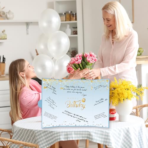 Image of Crenics Birthday Decorations for Women or Men, Dusty Blue and Gold Birthday Guest Sign in Book Alternative, Happy Birthday Signature Book 18 inch x 12 inch, Awesome Birthday Gifts for Girls Boys