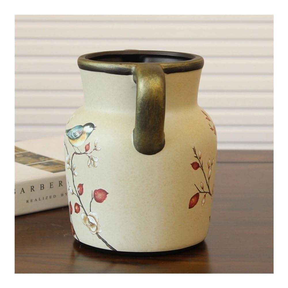 Wazon na kwiaty, Wazon ceramiczny z podwójnymi uszami, dekoracja w stylu vintage motywem kwiatowym