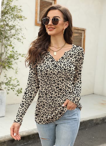 Image of Womens Leopard Waffle Knit V Neck Sweatshirt Tops Casual Long Sleeve Pullover Sweater Shirts