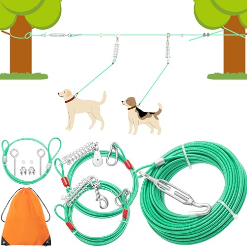 ZEEMIAS 100FT Dog Tie Out Cable, Heavy Duty Chew Proof Long Dog Lead Leash with 10FT & 15FT Trolley Leash - Outdoor Runner Cable for Yard, Camping Outside - Fits Small, Medium & Large Dogs