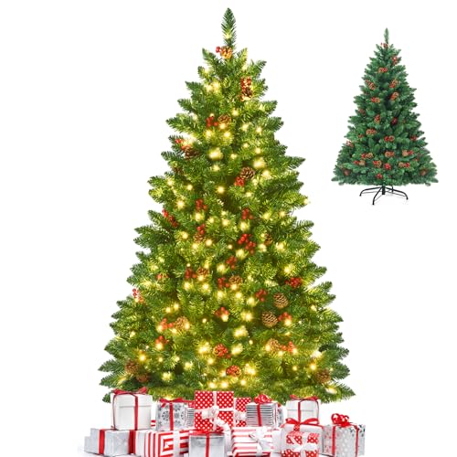 GOPLUS Sapin de Noel Lumineux LED, 195cm Sapin Noel Artificiel avec 450 LED Blanche Chaude, Branches en PVC Ignifuge avec 56 Pommes de Pin et 56 Baies Rouges,...