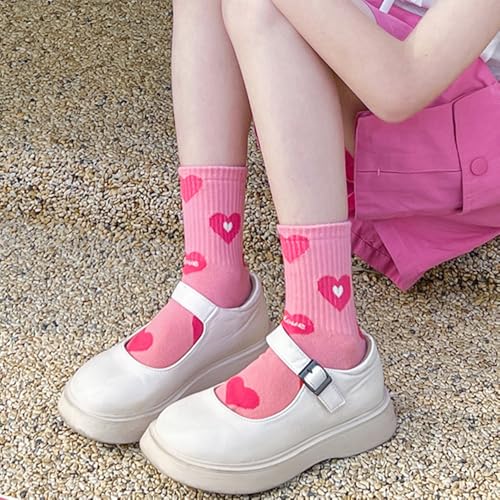 5 Pairs Crew Socks for Women Ankle Women Cotton Socks Cute Pink Hearts Design Novelty Aesthetic Size L & XL4
