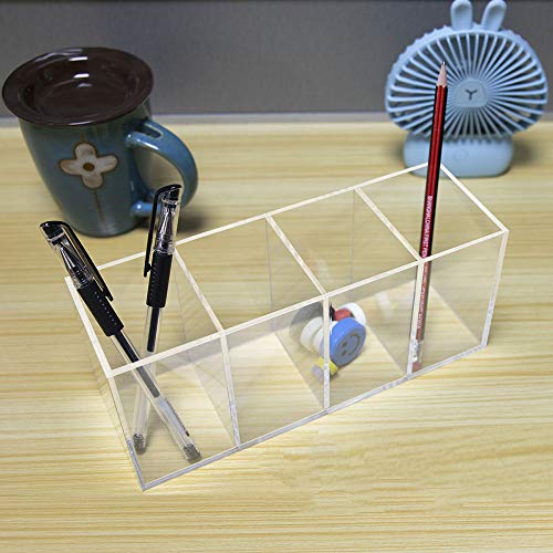Niubee Acrylic Pen Holder 4 Compartments, Clear Pencil Organizer Cup For Countertop Desk Accessory Storage #TOP3