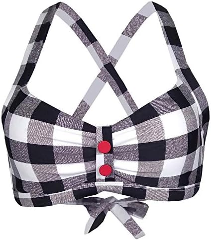 Women's Retro 50s Plaid Pattern Polka Dot Halter Molded Soft Pads Vintage Bikini Swimsuits Tops