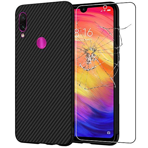 ebestStar - Cover per Xiaomi Redmi Note 7, Note 7 Pro, Custodia Protezione Carbonio Design, TPU Morbida Antiurto, Nero + Vetro Temperato