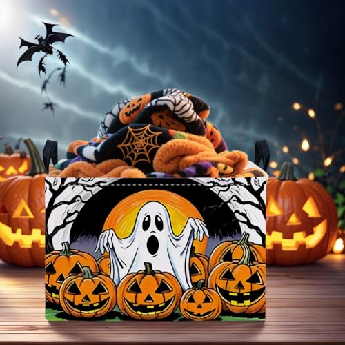 Image of Large Halloween Basket Gift Cute Ghost Pumpkin Parties Decor Kid Trick or Treat Basket for Boys and Girls Rectangular Storage Bin Box (Great Ghost)