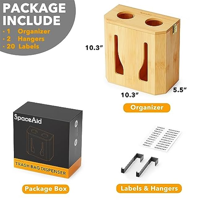 SpaceAid Bamboo 2 in 1 Garbage Bag Roll Holder & Dispenser, Under Sink Organizer for Kitchen Storage