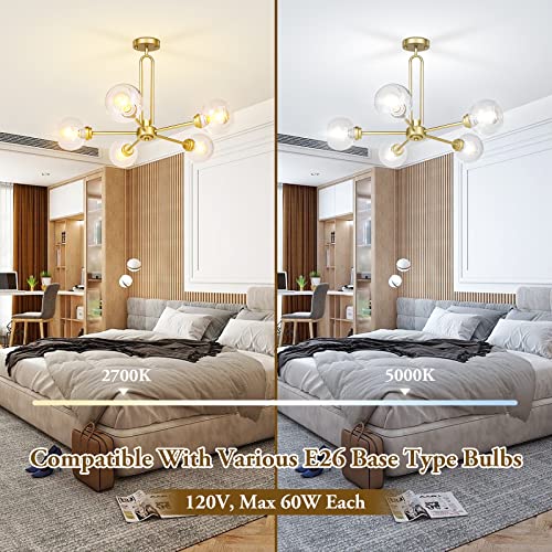 Yolsunes Globe Chandelier Pendant Lighting, Gold Modern Large Semi-Flush Ceiling Light Fixture With Clear Glass thumb #6