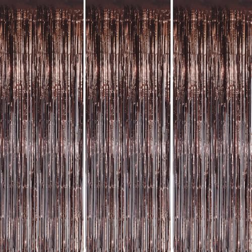 Image of DECOCKRAT 3 Pack Foil Fringe Backdrop - Brown Shiny Tinsel Curtains for Party Decoration /Photo Booth Props - 3.3x8.2 FT Metallic Foil Backdrop for Birthday, Wedding, Graduation, Christmas.