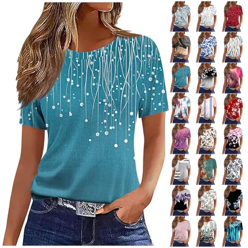 Womens Summer Short Sleeve Tops Retro Cute Graphic Tees Casual Crew Neck Work T Shirts Dressy Beach Tunic Blouses A- Blue