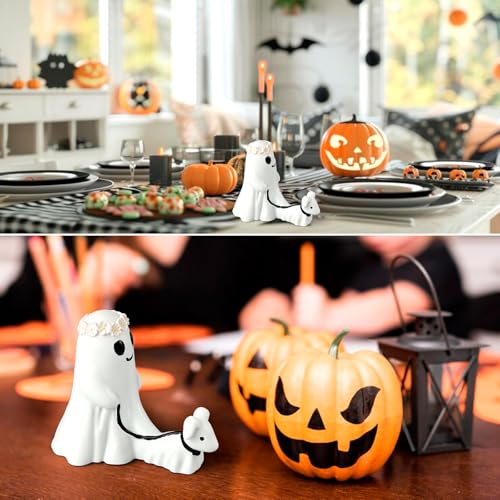 Qnynnty Geister Statue Mit Hund Halloween Geister Figurine Niedlicher Ghost Walking Dog Ornament für Garten und Haus, Lustige Geister Hund Statue für Halloween Hof Deko