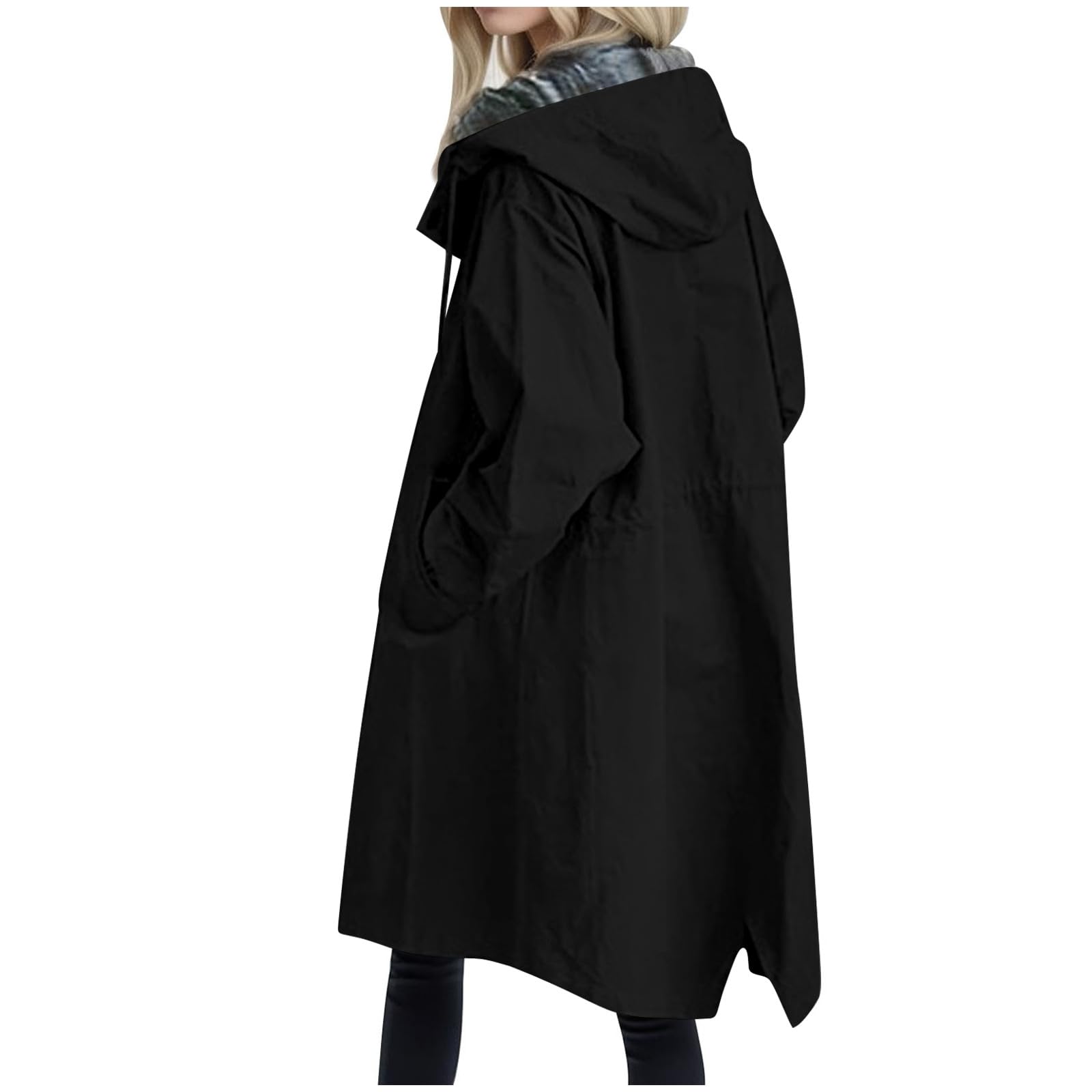 Generisch Trench noir pour femme, trench coat long avec capuche, parka, manteau de transition, manteau d'été, veste coupe-vent, veste d'extérieur léger, trench coat, manteau, coupe-vent, noir, L