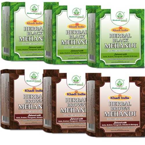Image of Khadi Organic and Natural Brown Mehandi with Black Mehndi Combo Pack | Herbal Henna Hair Color | Long Lasting Natural Hair Dye | Grey Hair Coverage By Bhudeval Naturals | Suitable for All Hair Types- (Pack of 6)