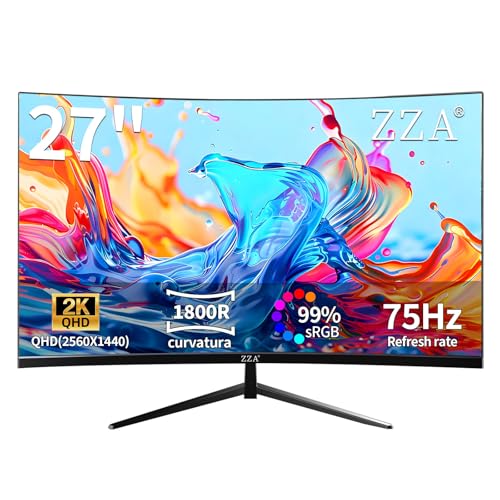 Image of ZZA 27 Inch Curved Gaming Monitor-2K QHD (2560x1440) 75Hz Display,HDMI /DP USB Connectivity,Tilt Adjustable,Wall Mountable,Perfect for PC Gaming Office