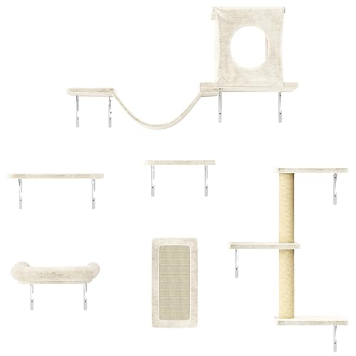 NUNU LAB Cat Wall Shelves, 6 Pcs Luxury Wall-Mounted Cat Climber Set, Indoor Cat Furniture with 1 Condos House, 2 Cat Wall Shelves, 1 Scratching, 1 Bridge Ladder, 1 Scratching Pad, White - White - 6 Pcs