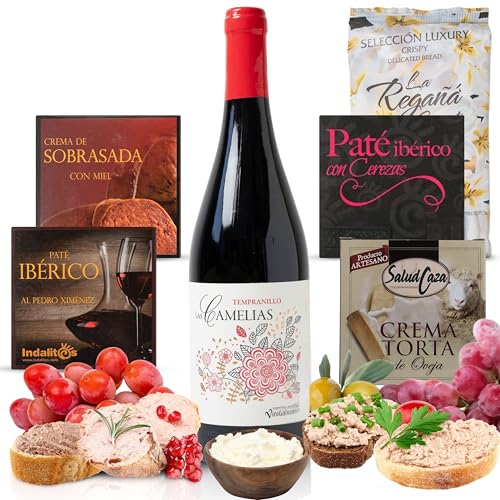 UNIVERSO GOURMET | Cesta Gourmet para Regalar | Vino Tinto Tempranillo 75cl + Patés y Cremas Ibéricas 70gr | Regaña Artesanal | Delicatessen Española para Degustar o Sorprender | Cesta Navidad