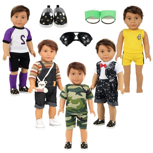 BARWA Boy Doll Clothes 5sets Boy Dolls Clothes 2 Pairs Shoes 1 Pair Glasses Compatible for 18 Inch Doll Outfit